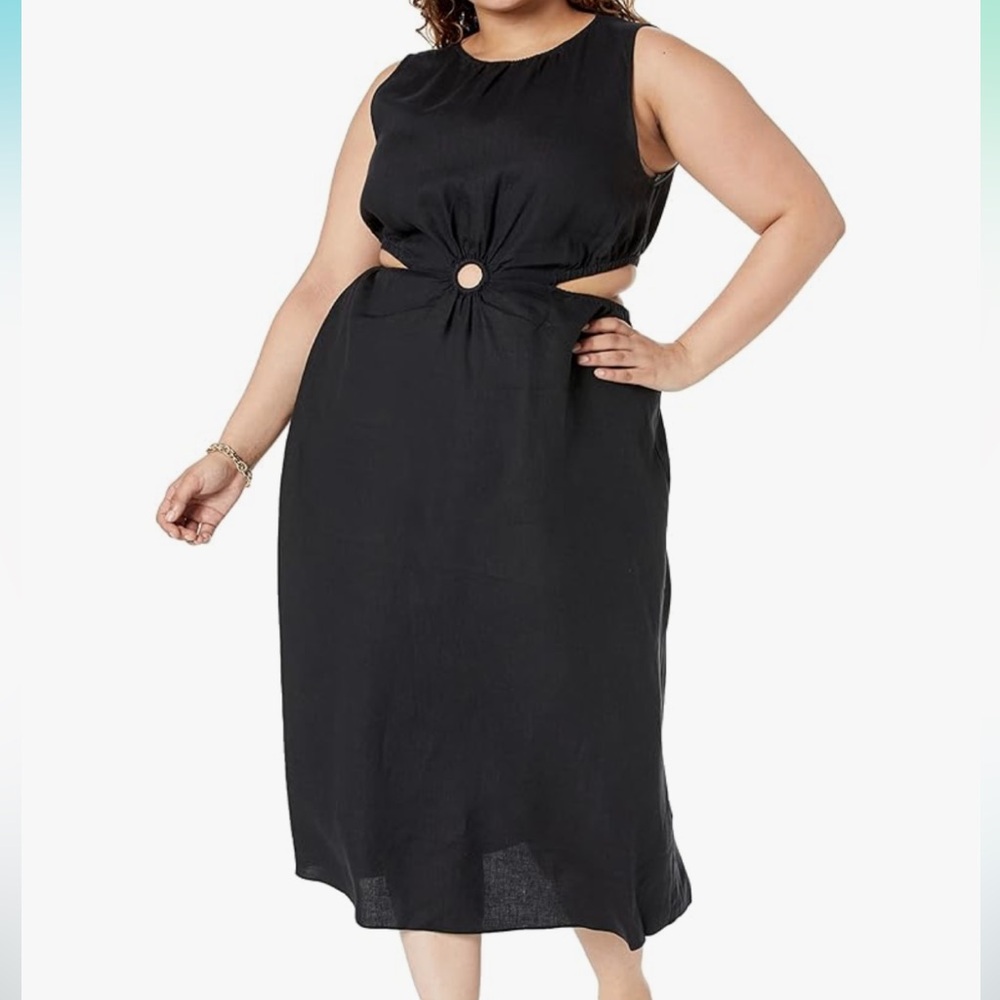 The Drop Sade Linen Cutout Midi Dress - Black - 2X and 3X